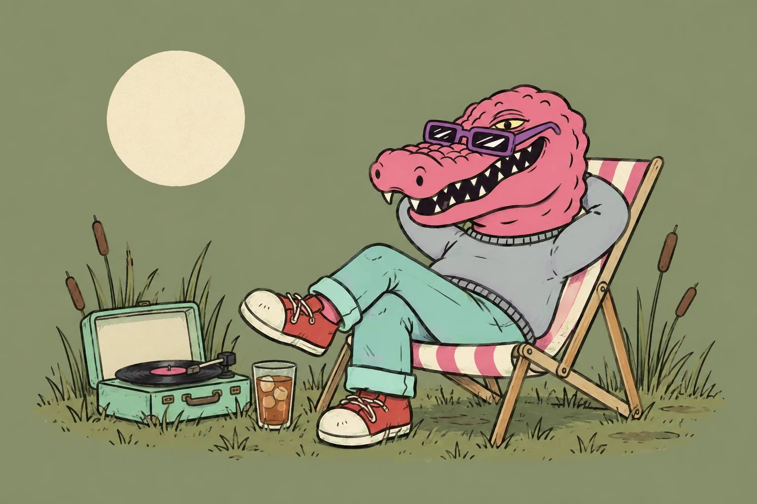 Macca lounging in a striped chair beside his tea and record player in the swamp