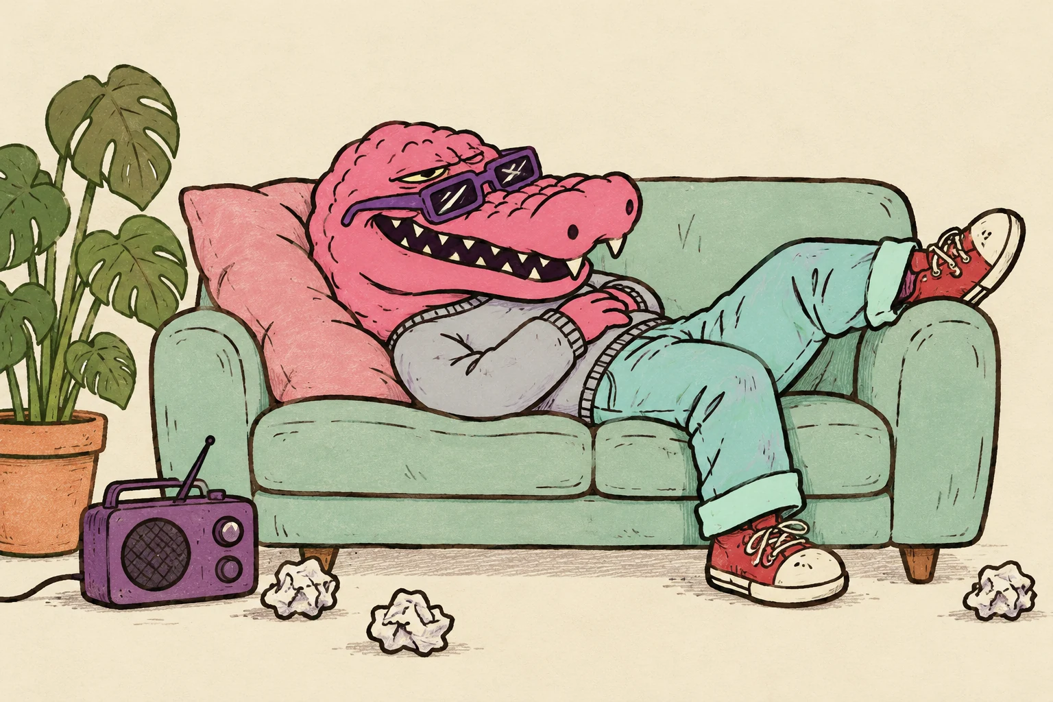 Macca sleeping on a mint sofa beside a little purple radio