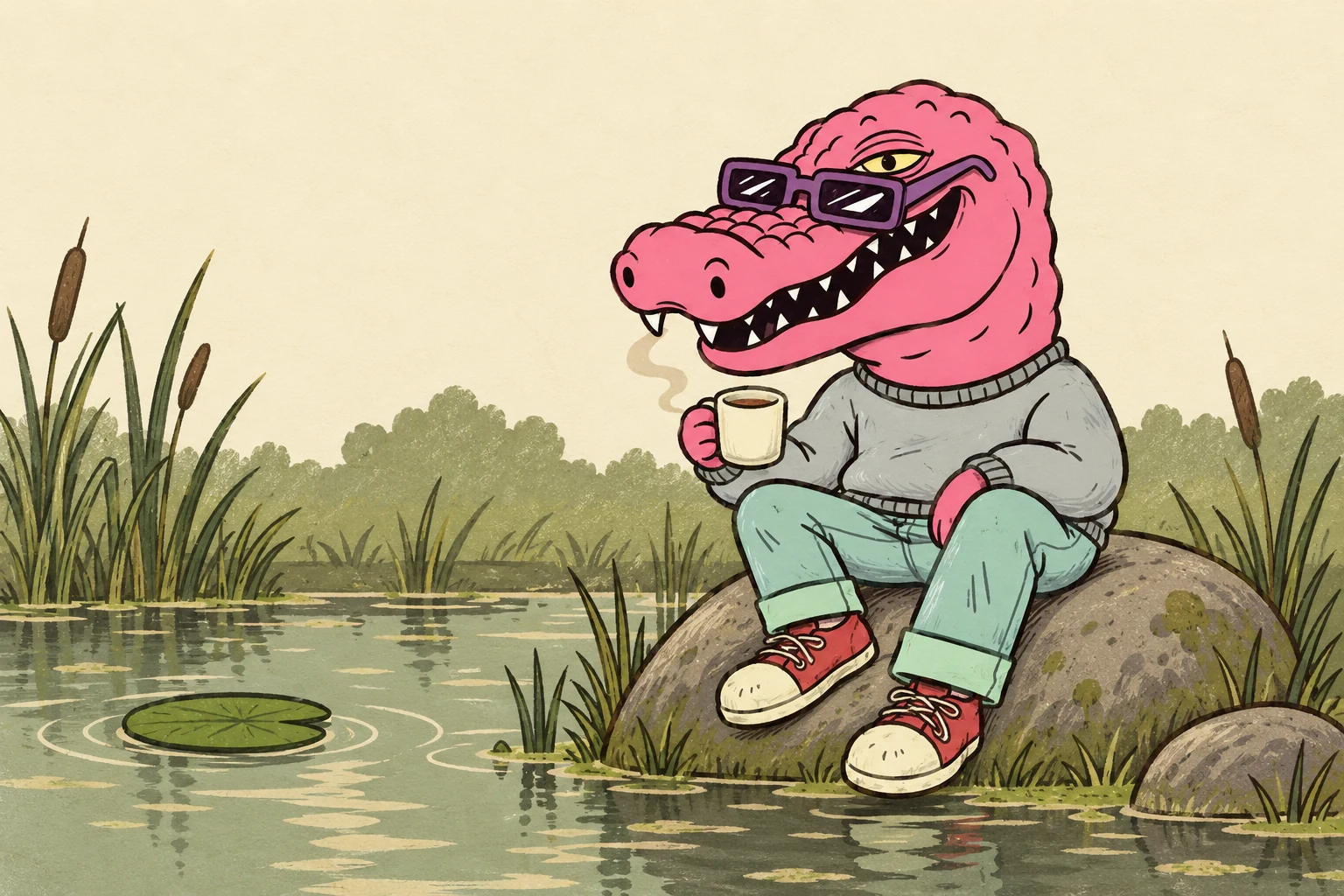 Macca quietly sipping tea on a rock at the edge of his swamp