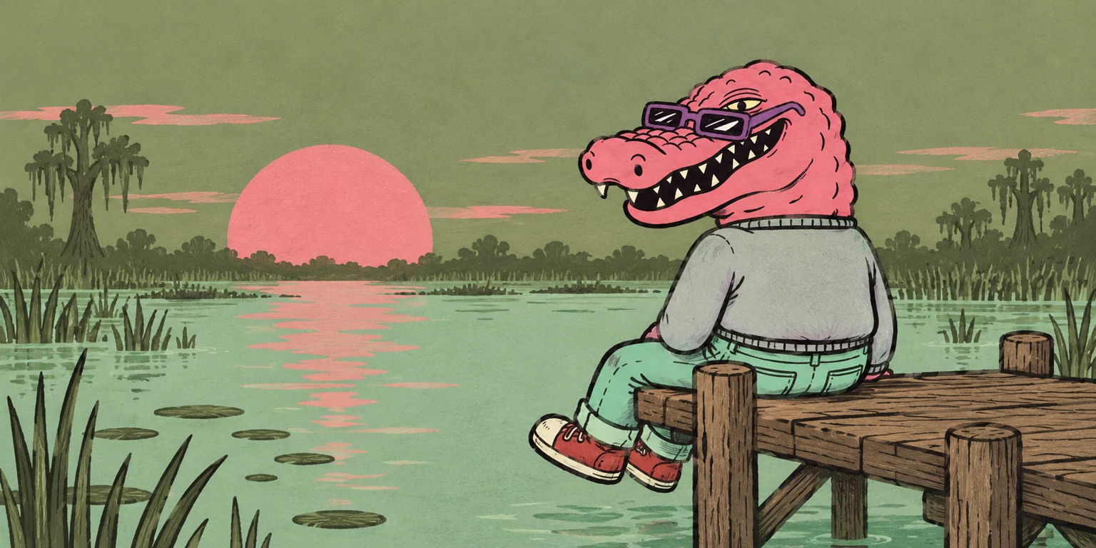 Macca sitting on a wooden dock with his sneakers above the still swamp at sunset