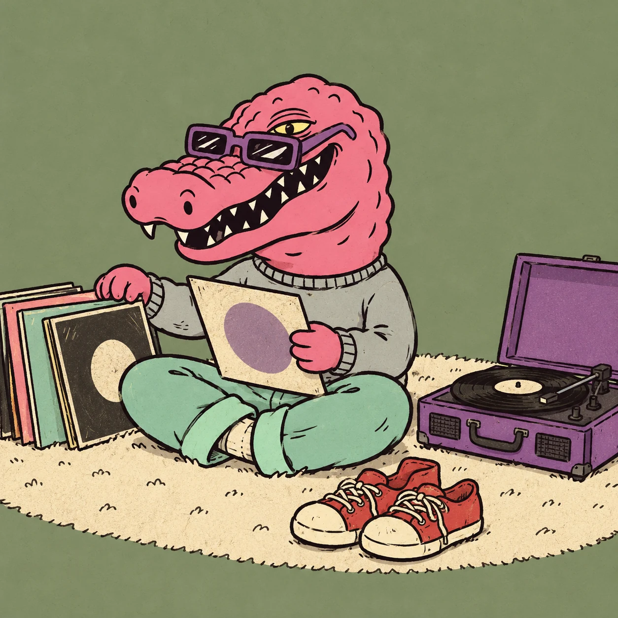 Macca sitting on a rug choosing a record for his purple turntable